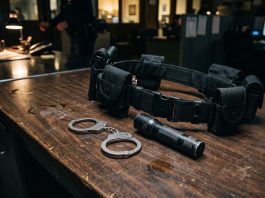 A conceptual photo of police equipment on a desk representing the precinct setting of .
