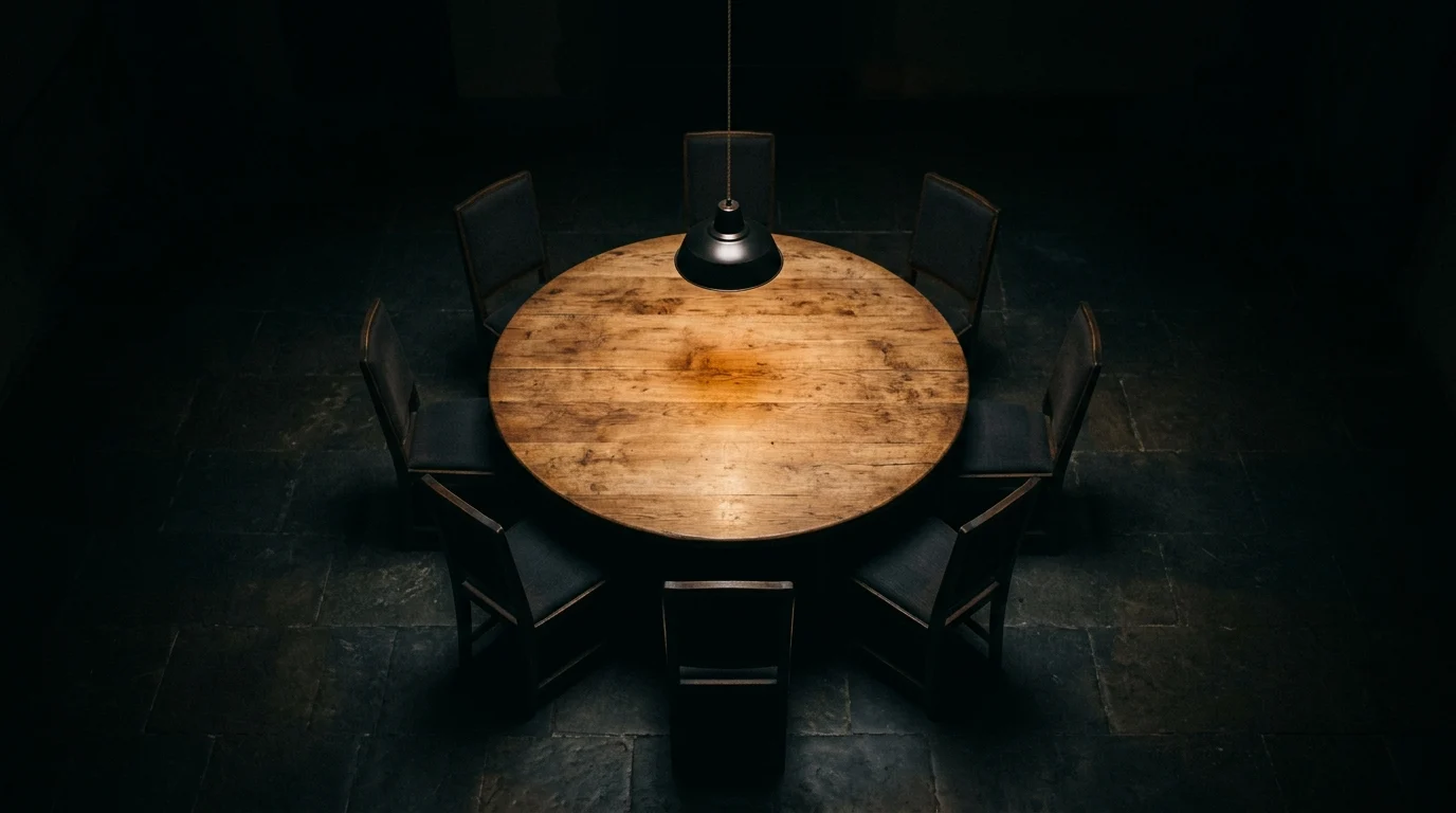 A dark room featuring a lit round table and empty chairs.