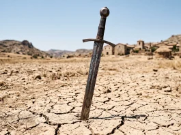 A close-up of a medieval sword in dry, cracked ground.