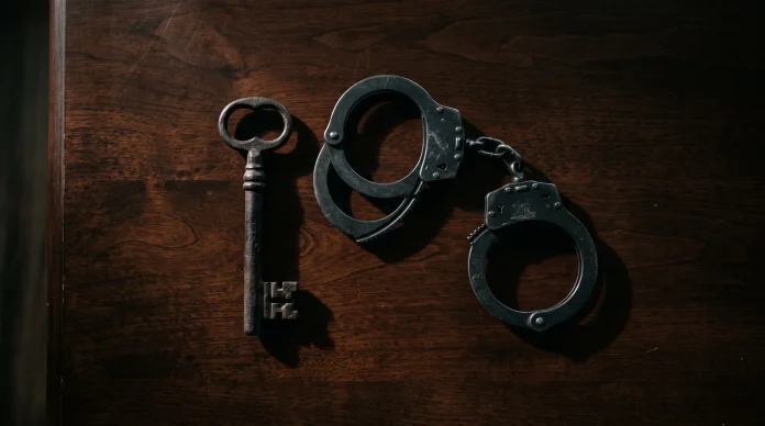 Conceptual image representing a crime boss in prison featuring a key and handcuffs on a wooden surface.