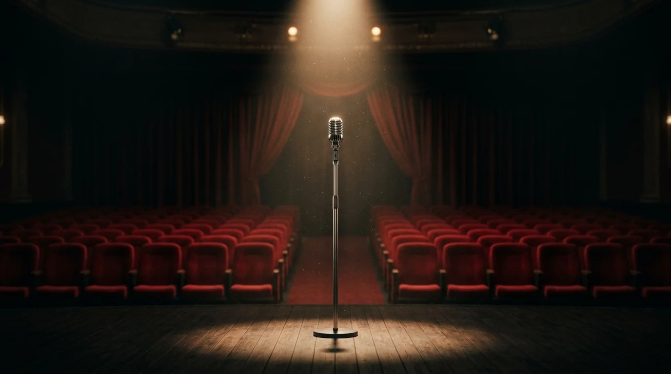 A spotlight on a microphone on an empty stage.