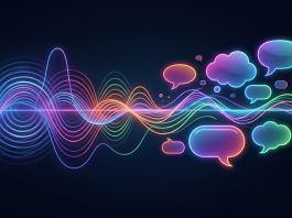 Conceptual art showing audio waveforms turning into text for digital transcripts.
