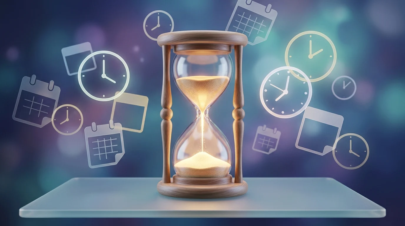 An artistic representation of an hourglass and clock icons symbolizing digital time management.