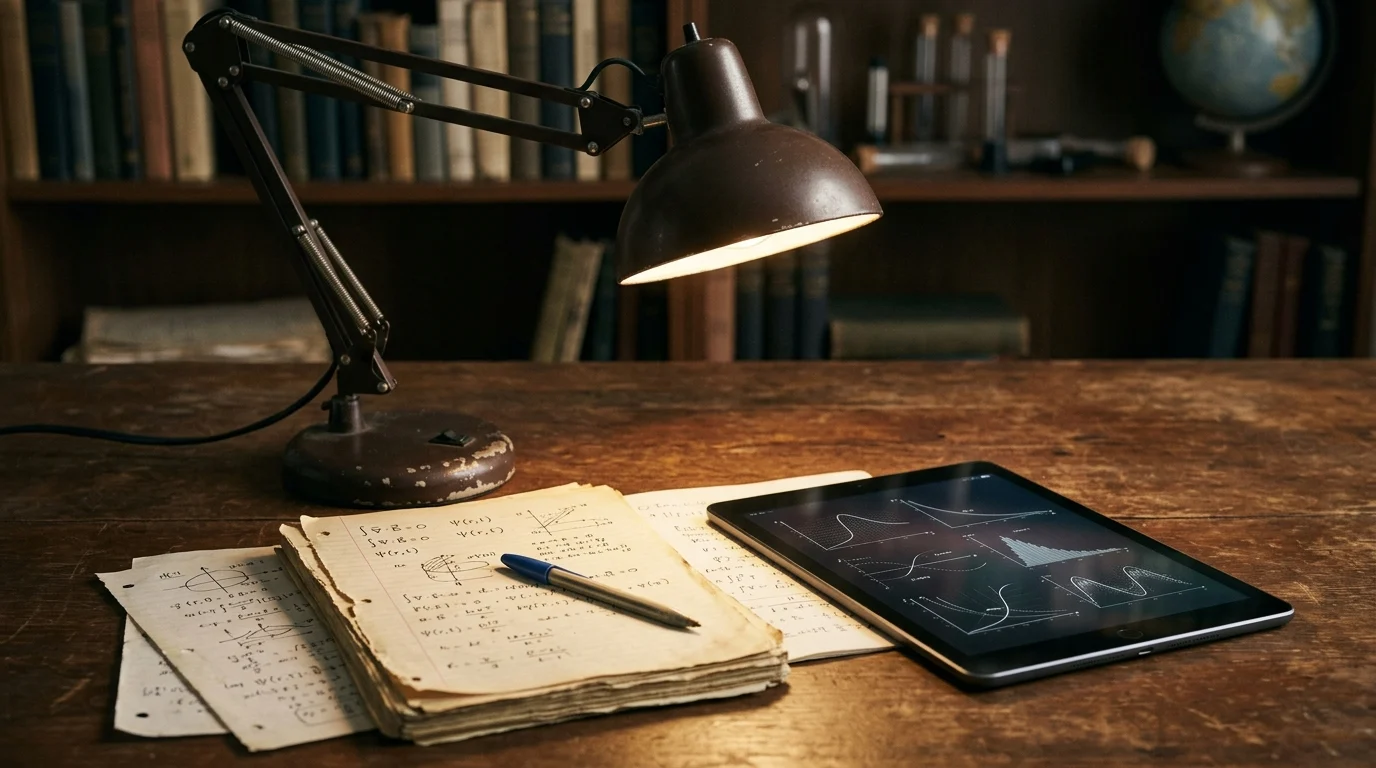 A vintage desk lamp over a handwritten memoir and a tablet.