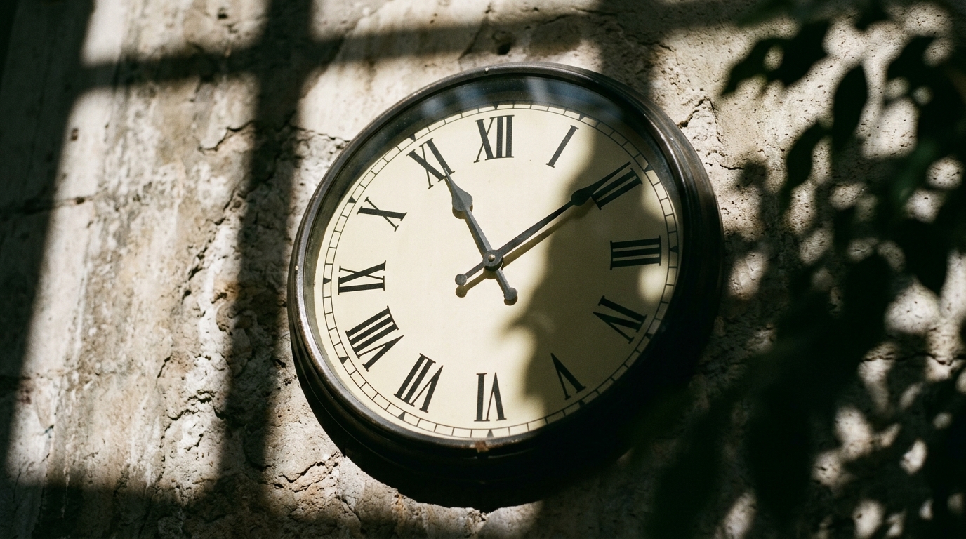 Conceptual image of a clock in shadows.