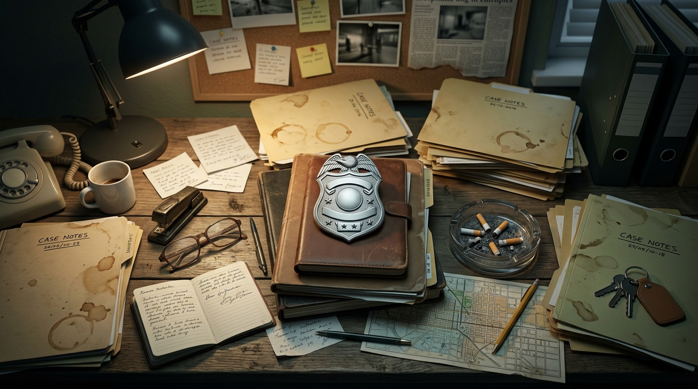 A conceptual detective's desk with a police badge and case files in a dark office.