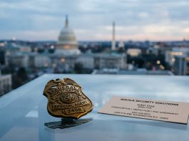 Conceptual imagery of a federal badge and private security branding representing 's career shift.