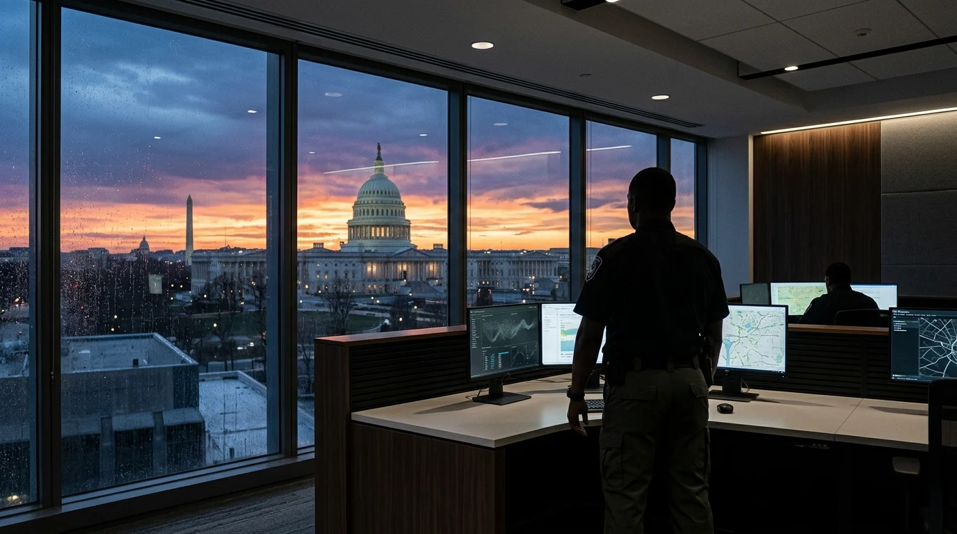 A view of the U.S. Capitol from a modern office window.