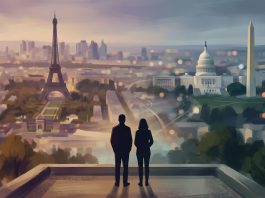 Conceptual silhouette of a couple against a blended Paris and DC skyline.