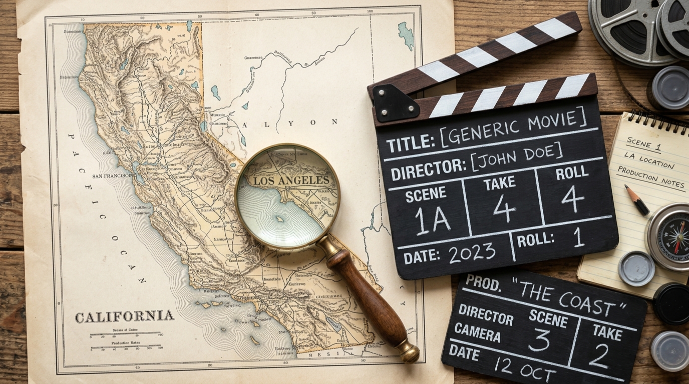 A film clapperboard on a map of California highlighting Los Angeles.
