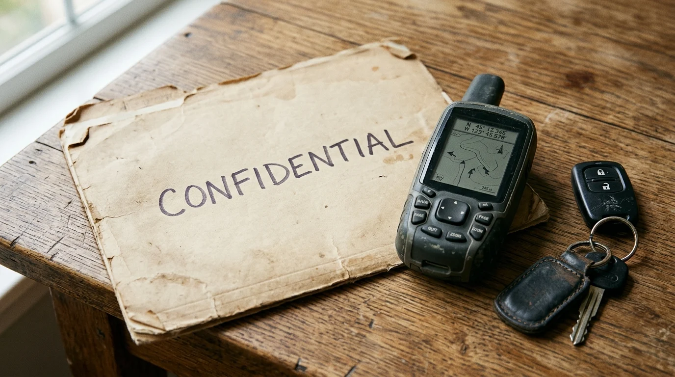 A conceptual image of a secret file and tracking equipment.
