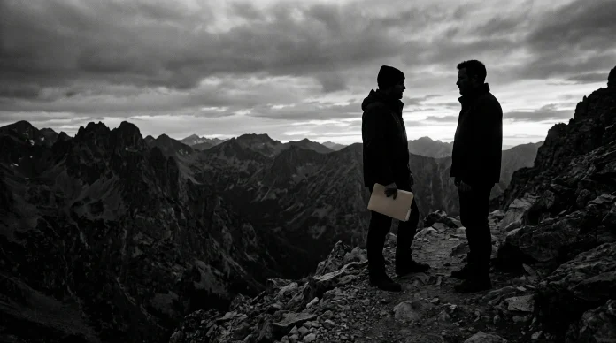 Silhouettes of two men in a mountain landscape representing a family mystery.