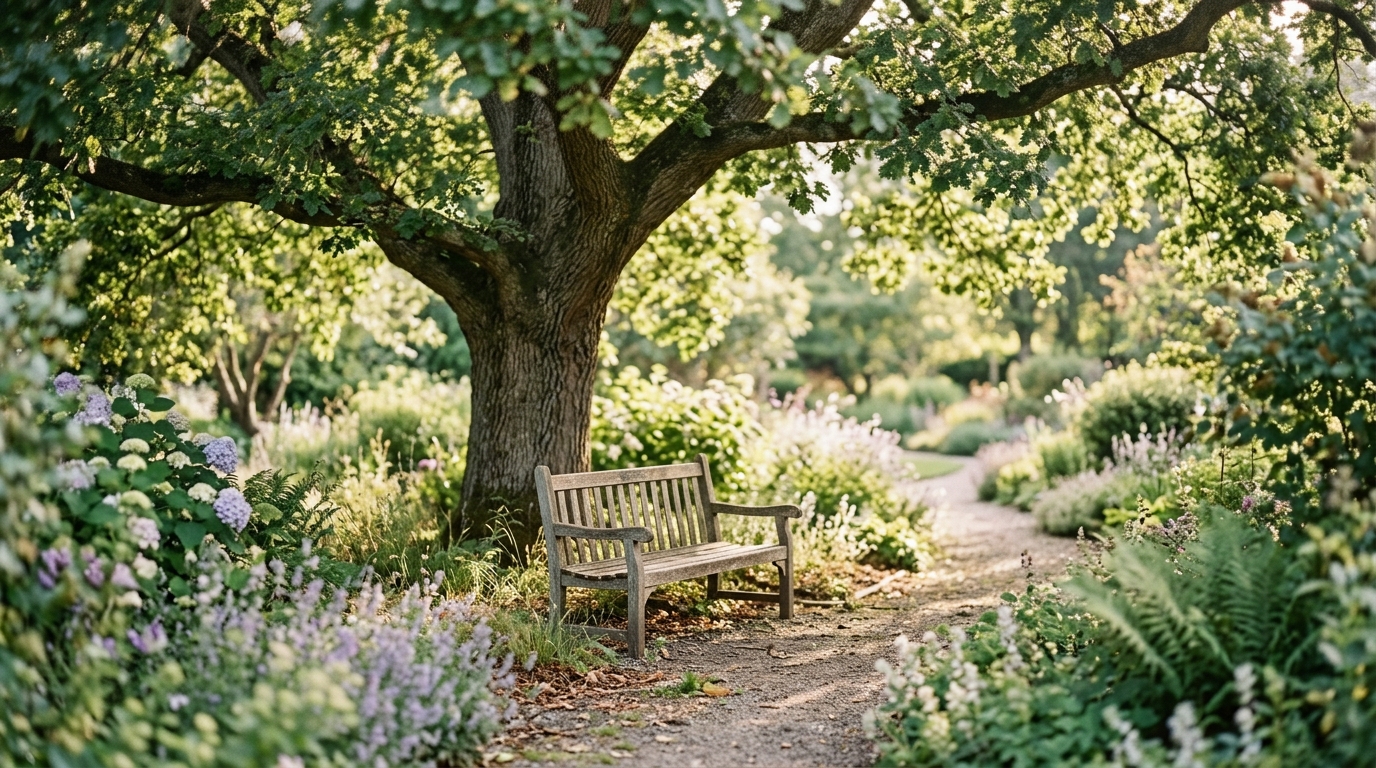 A quiet garden bench in soft lighting.