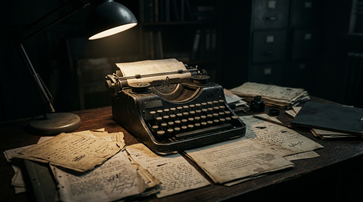 A vintage typewriter and documents on a desk in a dark room.