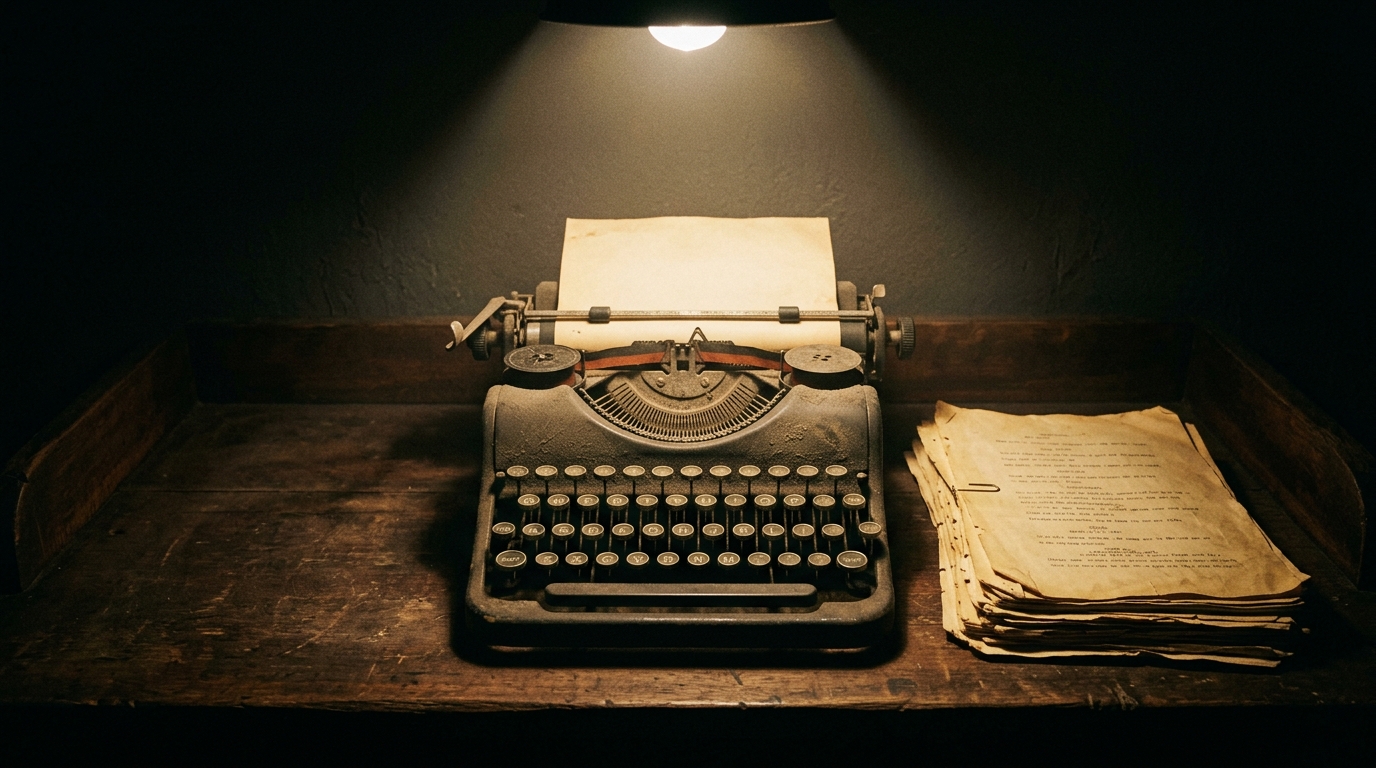 A vintage typewriter and script pages under a spotlight.