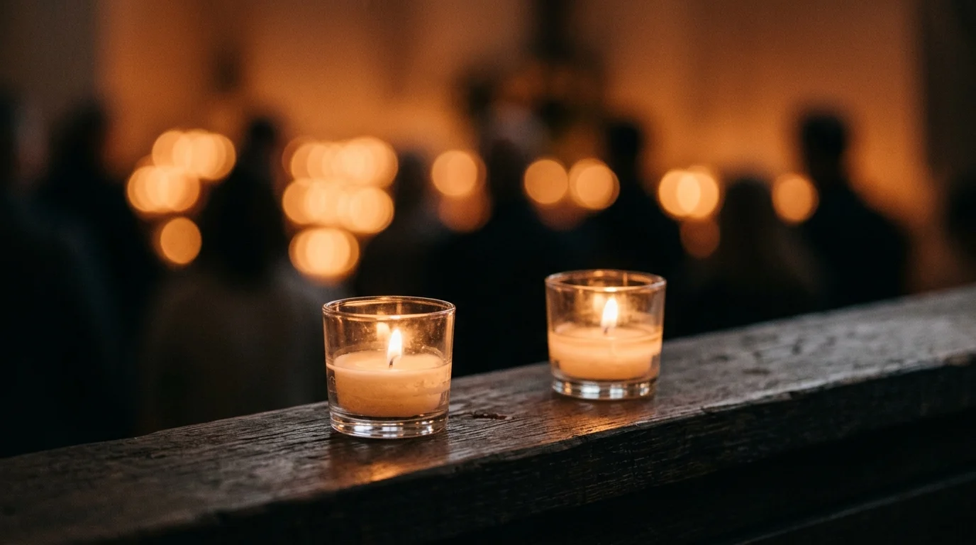 Two small candles burning in a quiet, respectful setting.