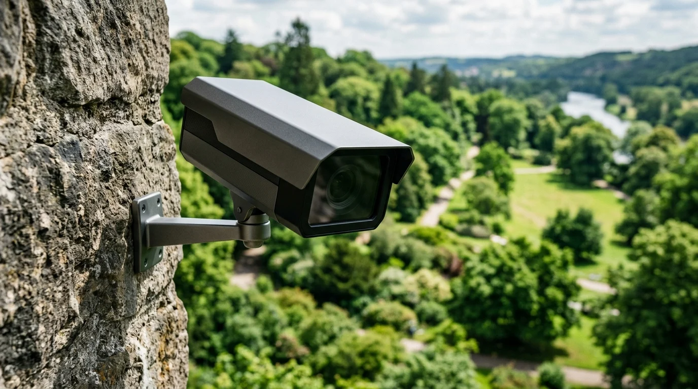 A modern security camera mounted on a traditional stone pillar.