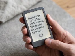 A small handheld e-reader with a grayscale electronic ink display and minimalist design.