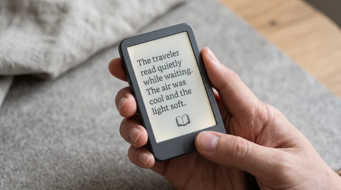 A small handheld e-reader with a grayscale electronic ink display and minimalist design.