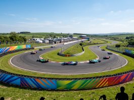A professional motorcycle racing track with colorful decorative banners along the side.