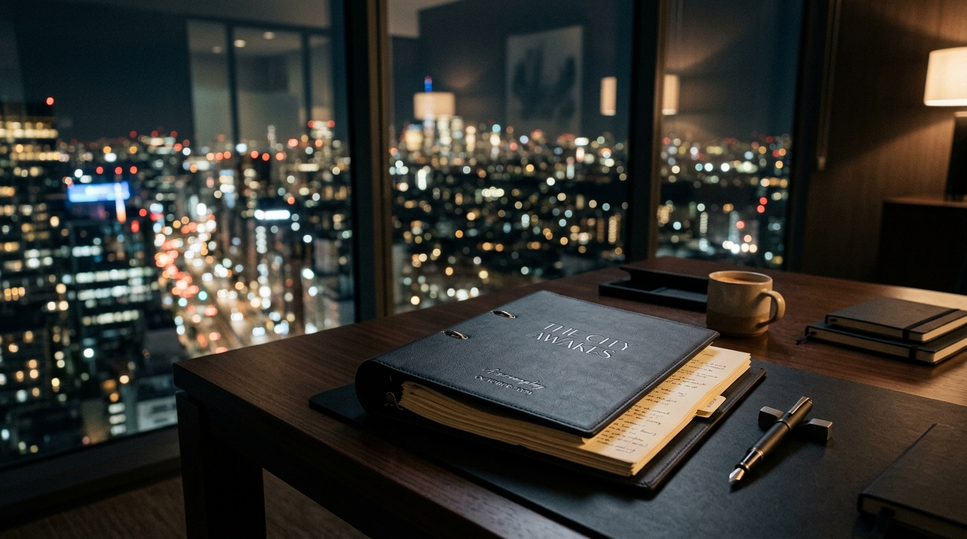 A script binder on a desk in a dark office.