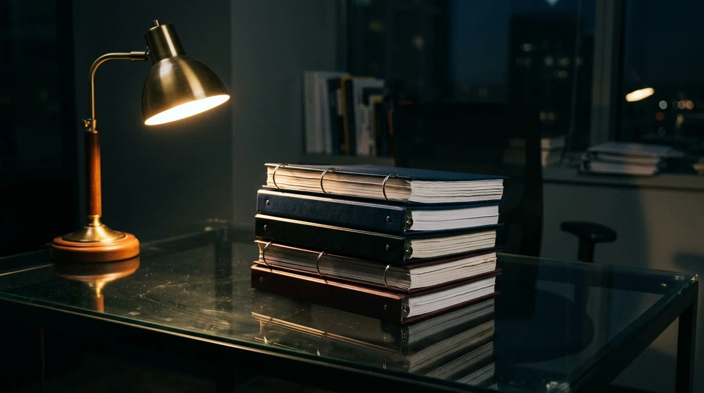 A stack of script binders in a dark room.