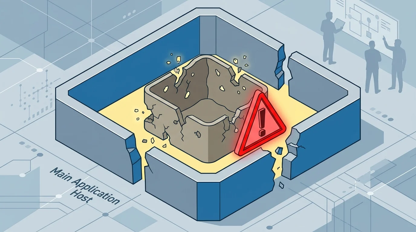 Technical concept of an unsandboxed browser engine inside a software application.