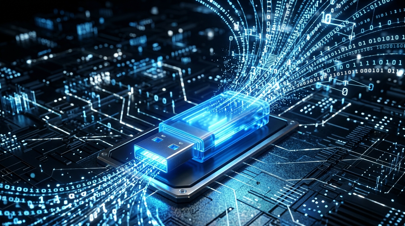 Abstract visualization of a USB installer for an operating system.