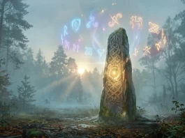 A runic stone monument in a misty forest representing game achievements.