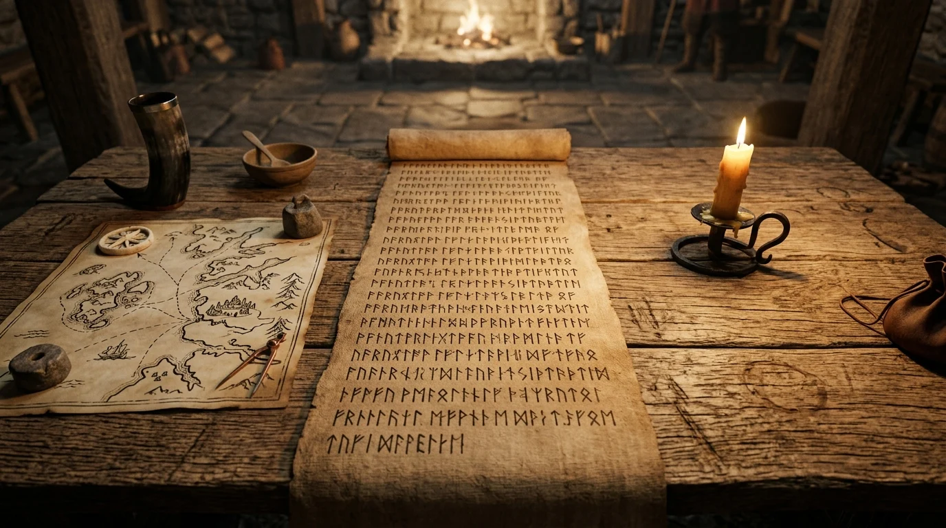 A Viking table with a runic parchment.