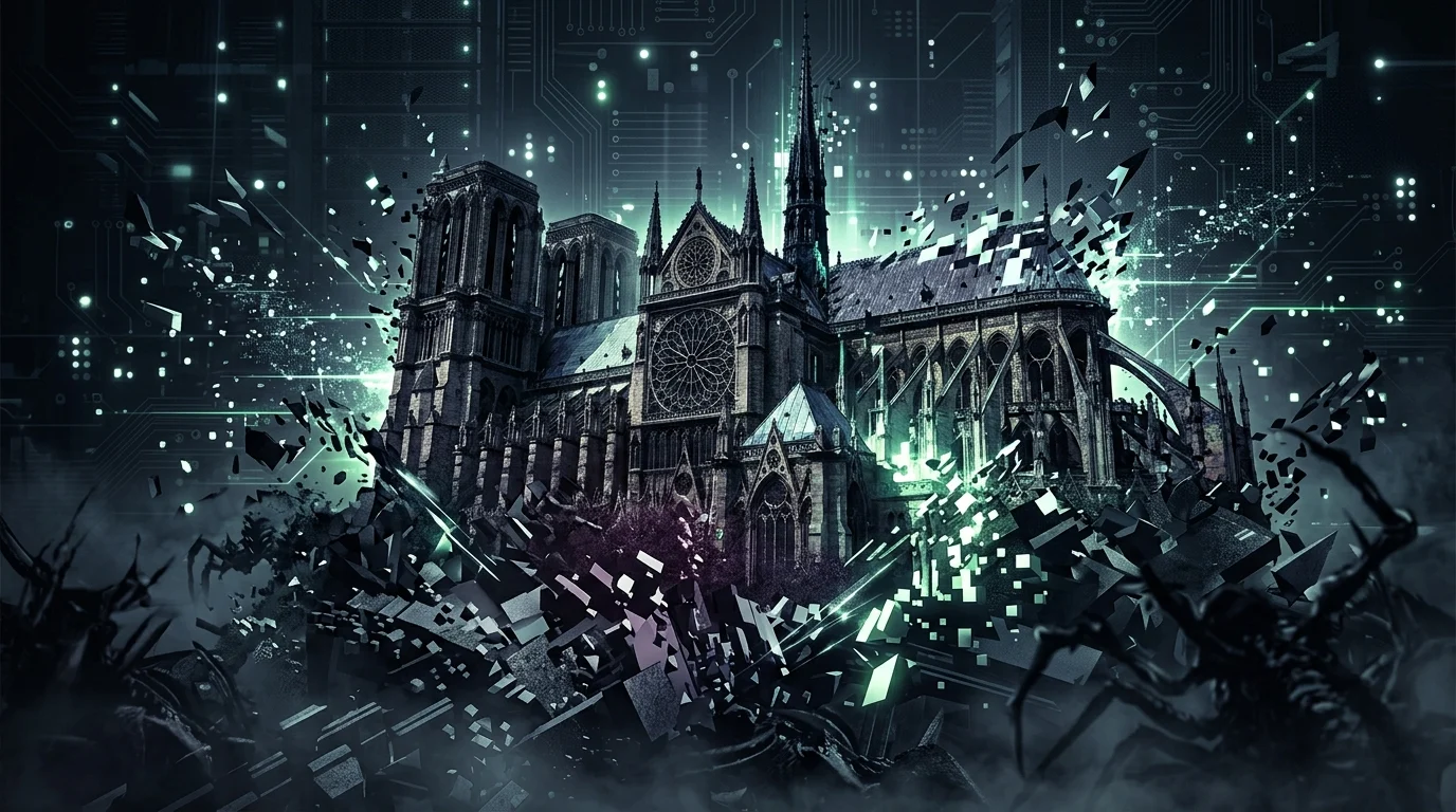 Abstract digital shards forming a gothic silhouette representing film restoration.