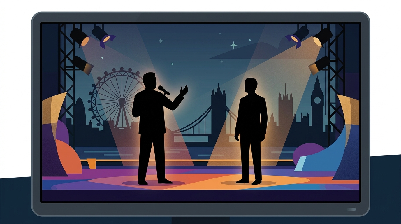 Silhouettes on a variety show stage with a London skyline.