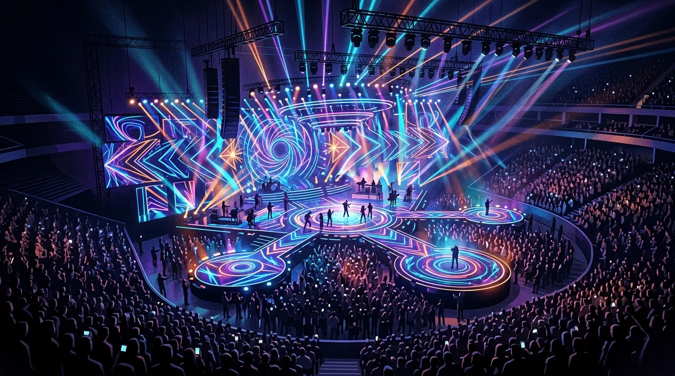 Stylized representation of a live variety show stage.