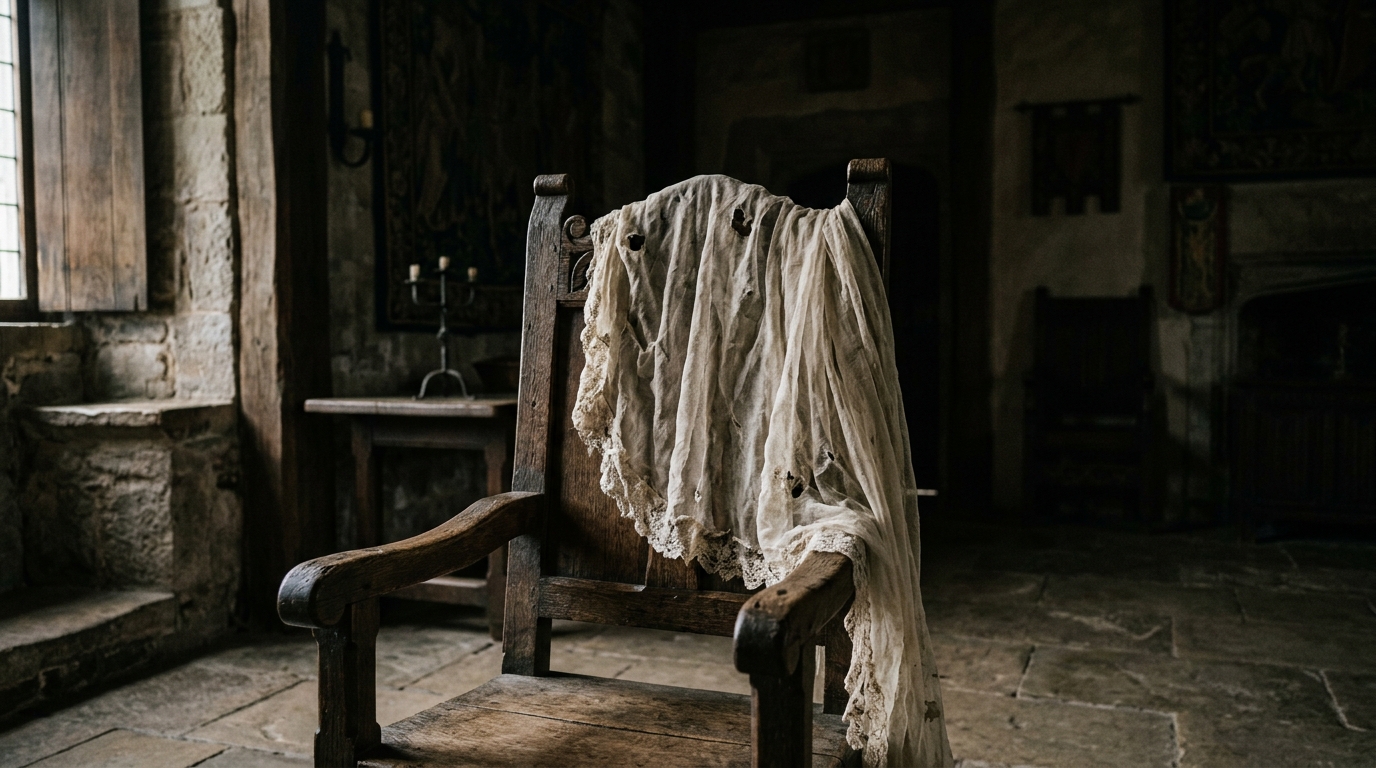 A tattered white veil in a dark medieval room.