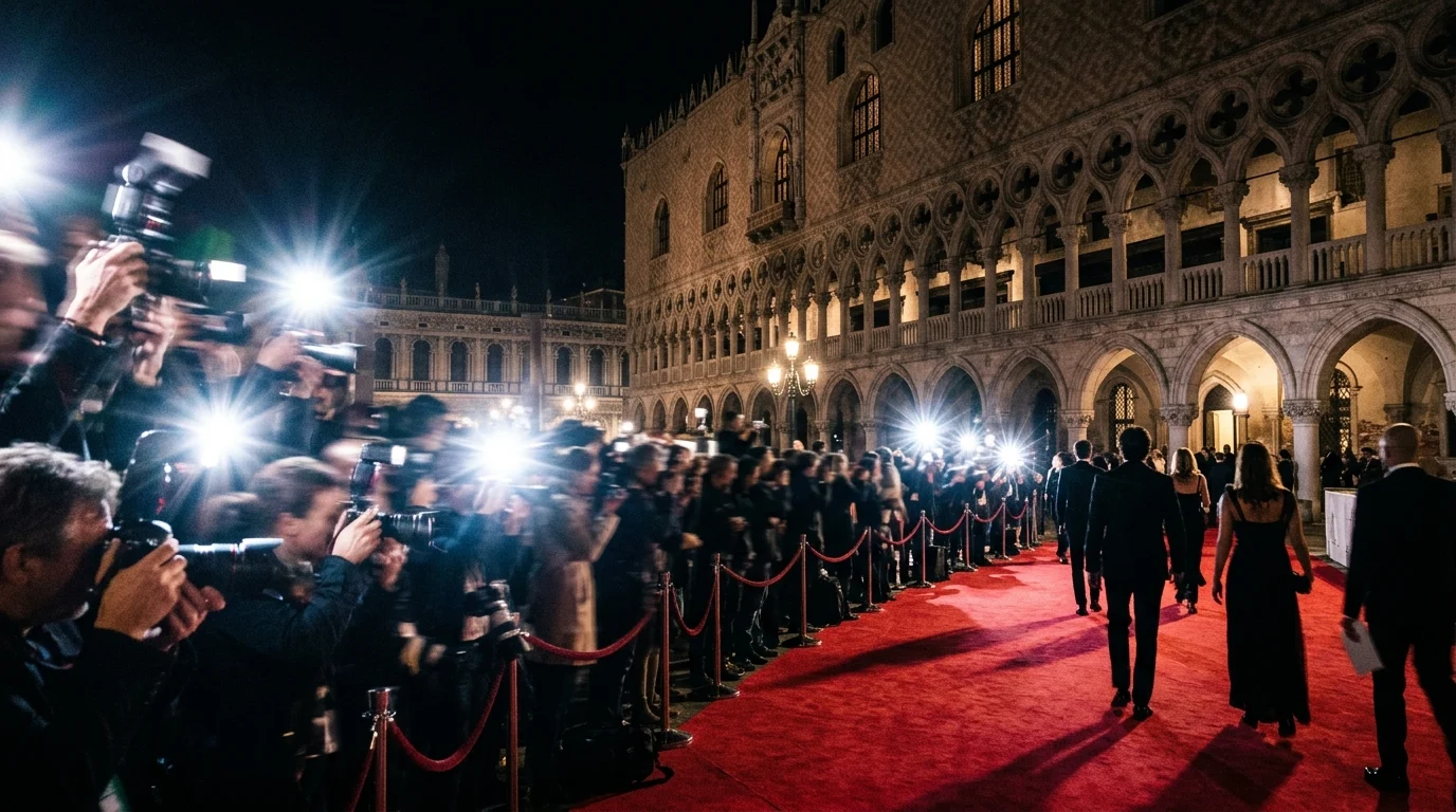 A conceptual view of a high-profile film festival red carpet at night.