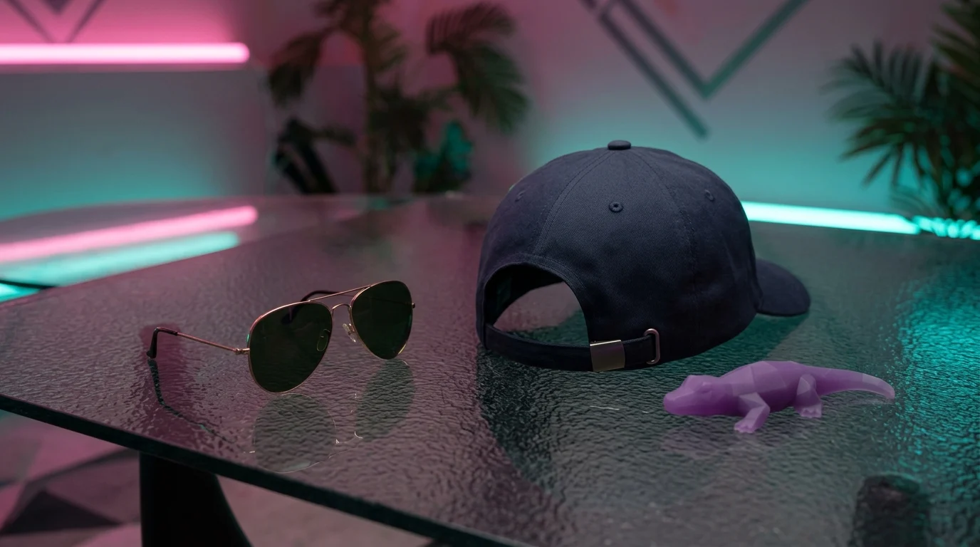 A conceptual layout of luxury gaming merchandise under neon lights.