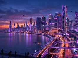 A conceptual digital cityscape with neon lighting at sunset.