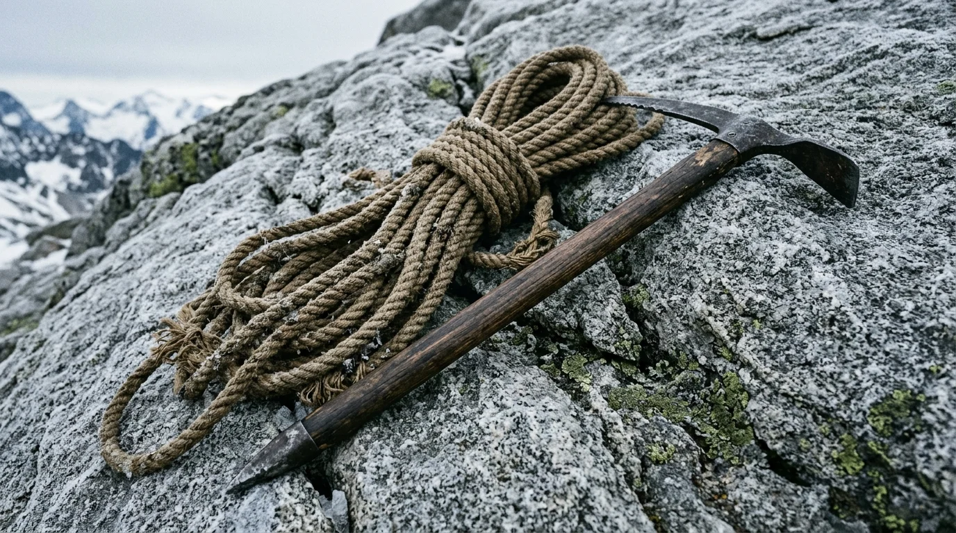 Vintage 1950s mountaineering equipment on rocks.