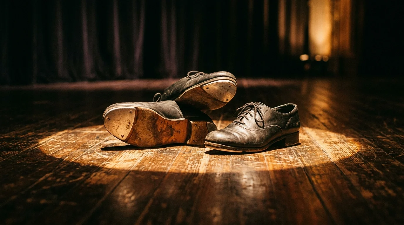 Abstract view of vintage tap shoes on a stage