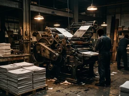 A close-up of vintage newspaper printing machinery and paper stacks.
