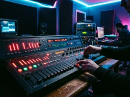 A close-up of a vintage 1980s synthesizer in a studio with neon lighting.