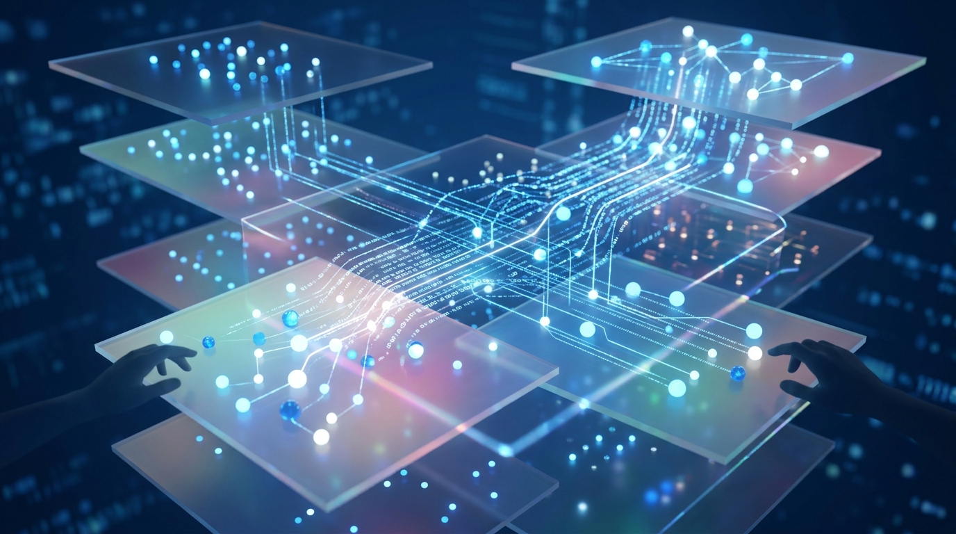 Abstract visualization of virtual machine connectivity and network nodes.