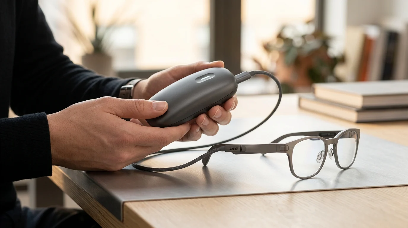 A separate compute puck tethered to a pair of smart glasses.