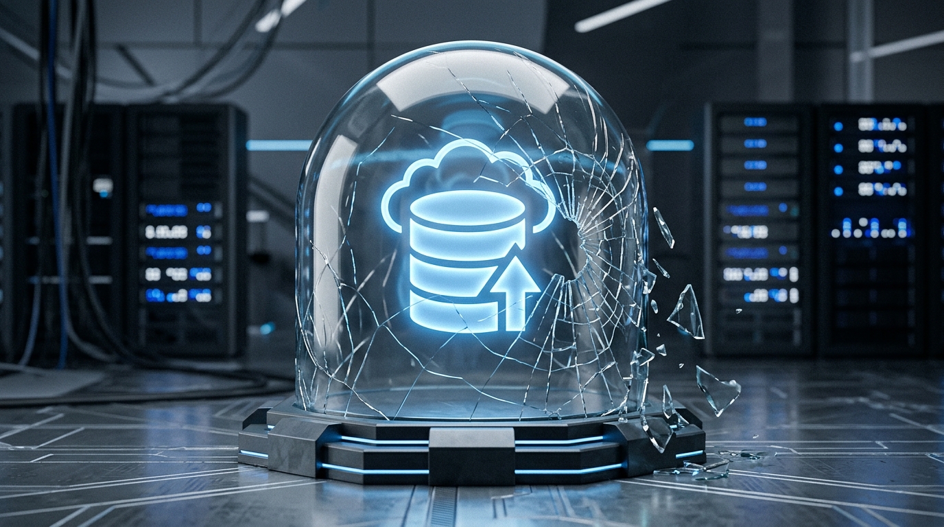 A cracking digital shield protecting a backup icon.