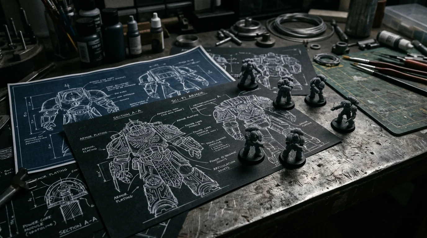 A creative workspace depicting the design and scripting phase of a sci-fi production.