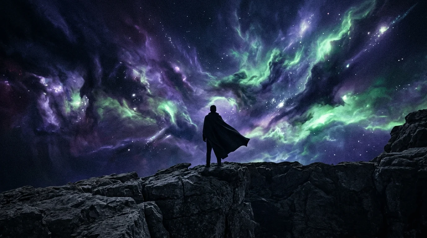 A lone warrior silhouette looking out at a cosmic event.