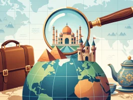 A conceptual illustration of international mystery symbols including a globe, a magnifying glass, and a teapot.
