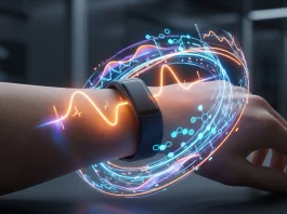 Conceptual rendering of pulse and metabolic data waves representing wearable health tracking.