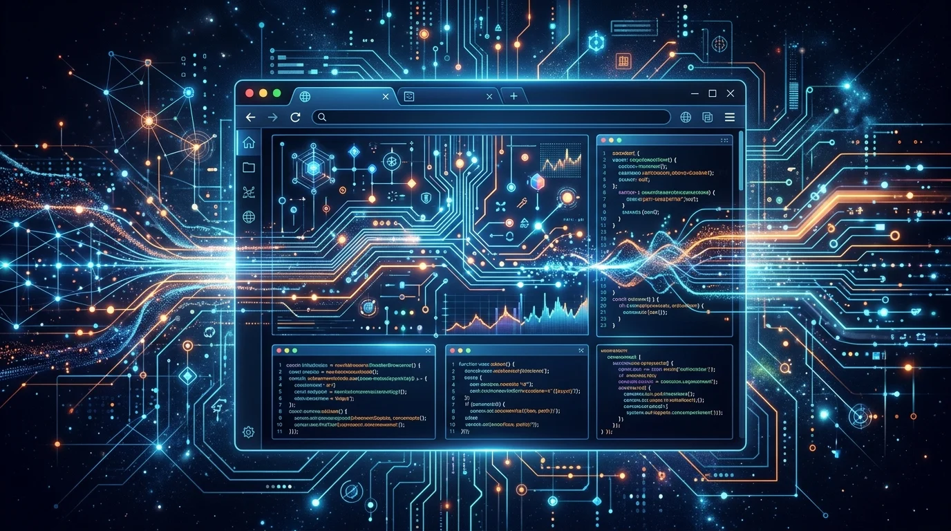 Abstract visualization of data streaming and web browser code.