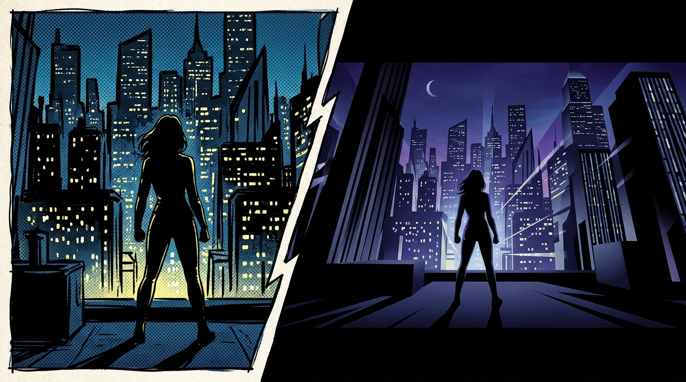 Conceptual art showing the transition from digital to live-action television series.